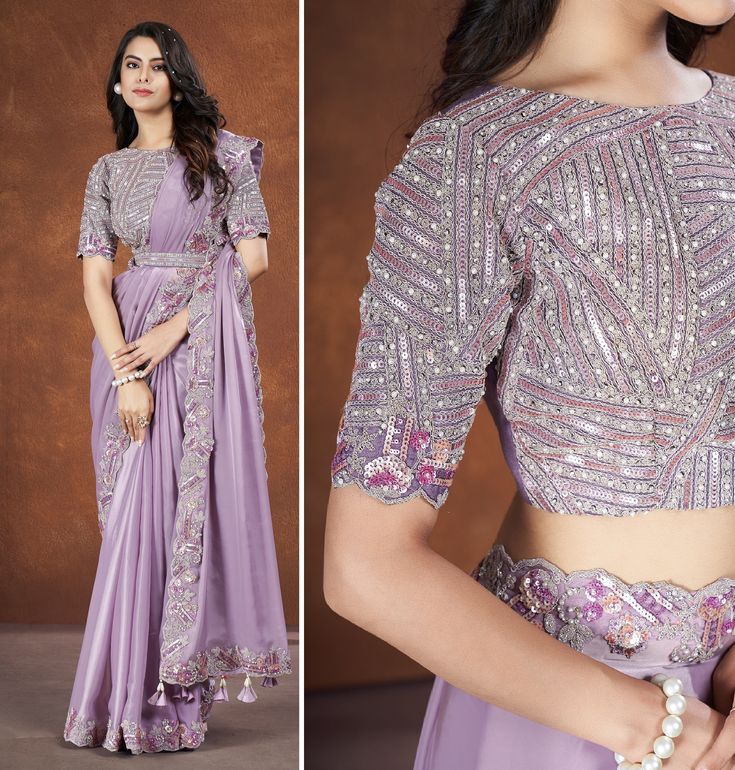 Purple Color Silk Saree With Stitched Blouse with Belt Special For Gift Saree Lavender Saree Silk Saree partywear Reception Saree Classy, Lavender Saree, Blouse With Belt, Satin Silk Saree, Indian Dresses Online, Saree With Belt, Dress Traditional, Saree Style, Party Mode