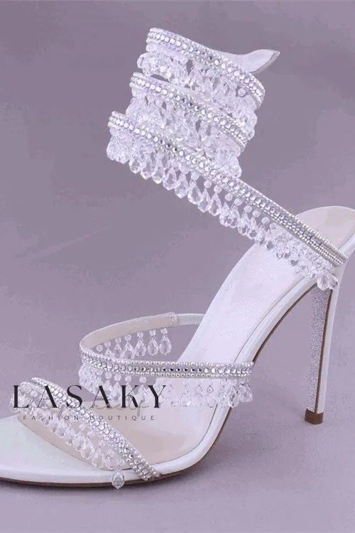 Lasaky - Elegant Serpent-Inspired High Heel Sandal Featuring Exquisite Gemstone Embellishments and Alluring Aesthetics Elegant Crystal Heels For Summer, Elegant Crystal Sandals For Spring, Elegant Crystal Sandals For Formal Occasions, Elegant Formal Crystal Sandals, Elegant Crystal Open Toe Sandals, Elegant Crystal Sandals For Party, Elegant Crystal Sandals For Wedding, Elegant Crystal Wedding Sandals, Elegant Silver Sandals With Crystal