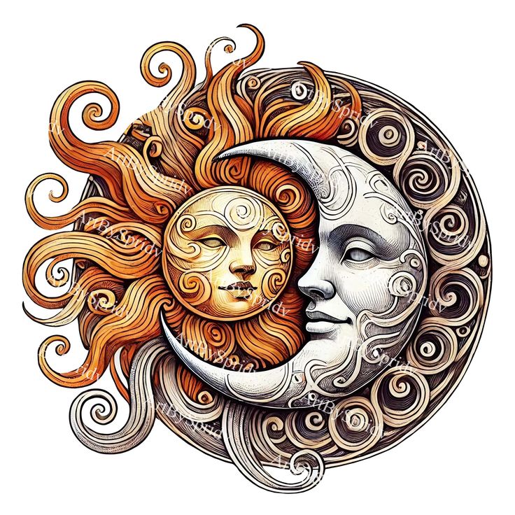 the sun and moon face are depicted in this artistic drawing