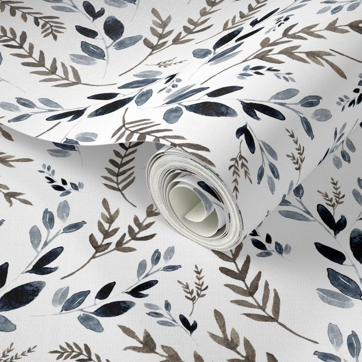 a white and blue wallpaper with leaves on it