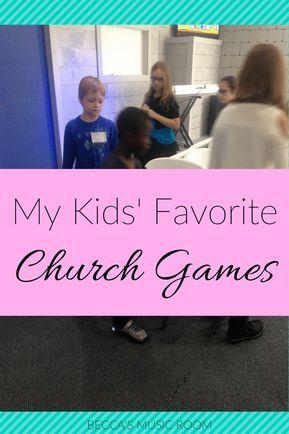 two children and an adult standing in front of a blue wall with the words, my kids'favorite church games