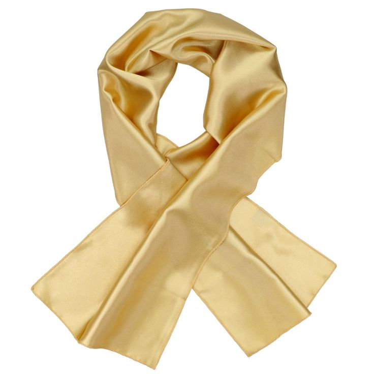 We designed this women's pale gold scarf for professional, uniform wear. It's the female equivalent of our men's tie. In fact, it's made from the same durable, satin material as our pale gold neckties. These scarves are worn frequently by choirs and in corporate settings for matching group wear. These lightweight, one-sided scarves come in two lengths: 9-inches by 45-inches and 9-inches by 70-inches. The shorter, 9" by 45" size, can be worn several ways, including a simple front knot or tuck, ti Classic Gold Silk Scarf, Classic Gold Silk Scarf For Formal Occasions, Formal Silk Scarves In Solid Color, Formal Solid Color Silk Scarves, Formal Solid Silk Scarves, Classic Satin Scarves As Gift, Formal Solid Color Silk Scarf, Classic Solid Color Formal Scarves, Formal Solid Color Satin Silk Scarf