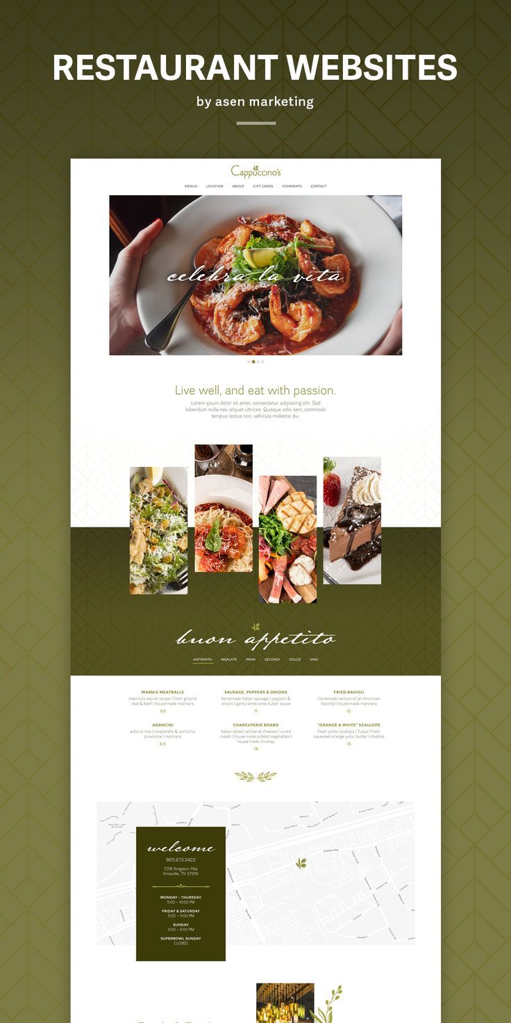 Custom restaurant website design and development by Asen Marketing for Cappuccino's Italian Restaurant in Knoxville, Tennessee. Restaurant Newsletter Design, Web Design Gallery Layout, Pasta Website Design, Italian Restaurant Website Design, Italian Restaurant Website, Website Restaurant Design, Website Design Restaurant, Restaurant Landing Page, Catering Website Design