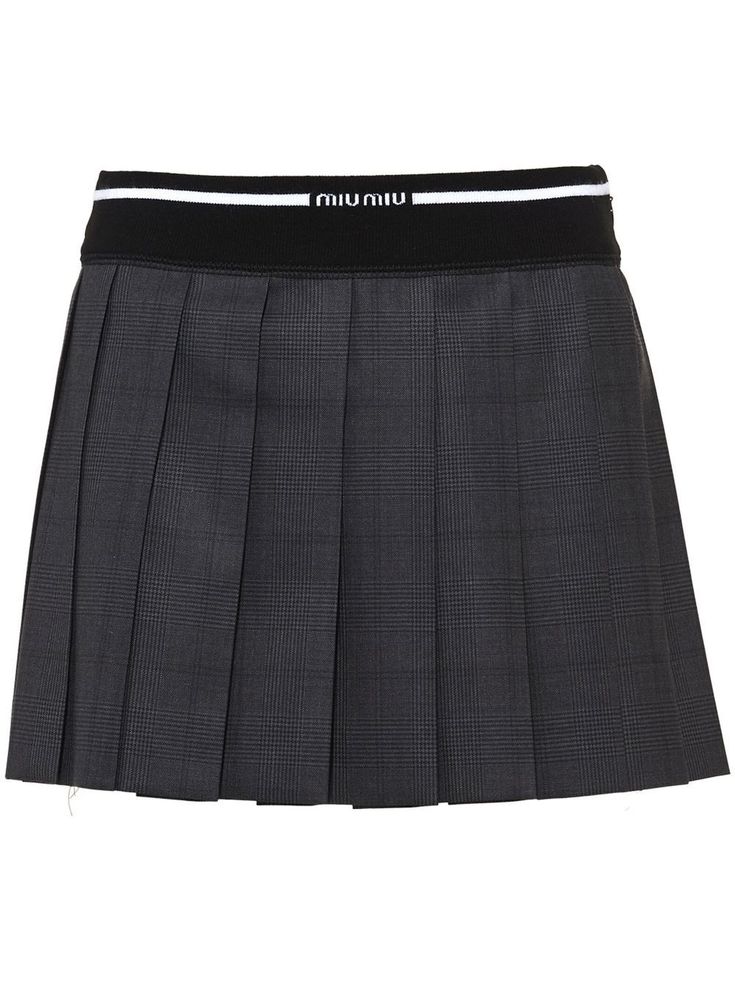 slate grey wool plaid check pattern fully pleated logo waistband concealed side zip fastening A-line thigh-length Miu Miu Grey Skirt, Miu Miu Clothes, Miumiu Skirt, Miu Miu Outfit, Miu Miu Pants, Miu Miu Clothing, Skirt Png, Miu Miu Skirt, Plaid Pleated Skirt