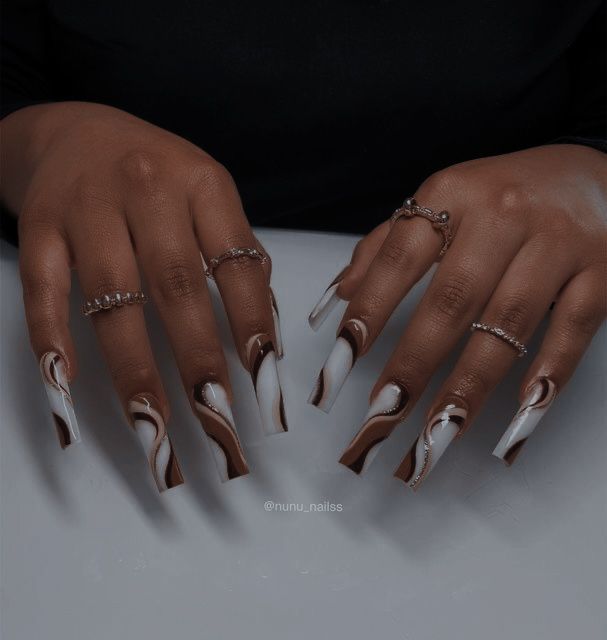 Hand Drawn Design Acrylic Nails, Simple Fall Nails Long, Earth Tone French Tip Nails, Dark Skinned Nails, Light Brown And White Nails, Tan And Black Nails Design, Tan Acrylics, Fall Overlay Nails, Fall Nail Designs Black Women