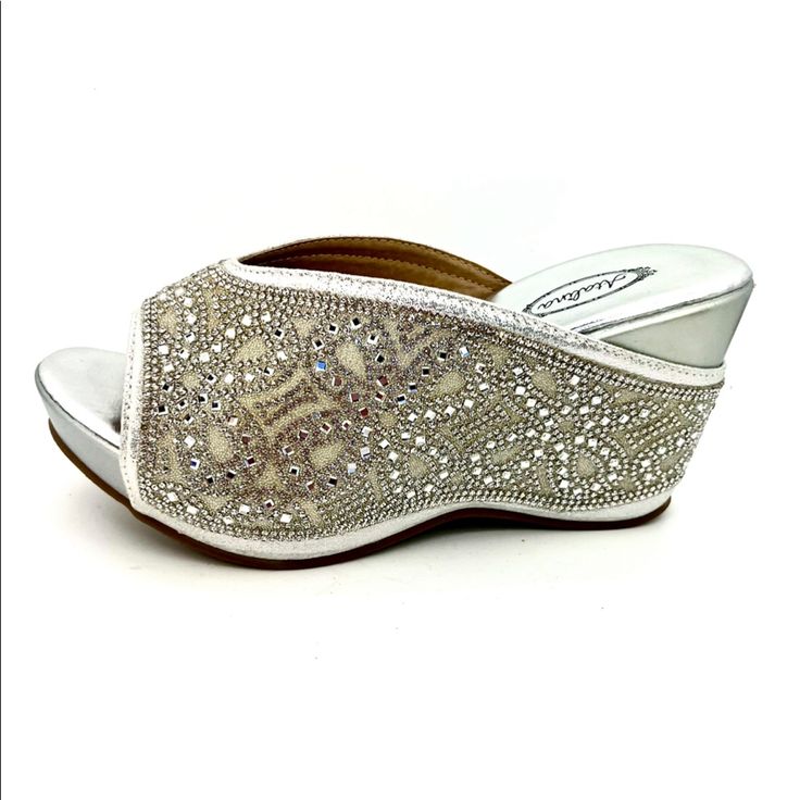 Dressy Wedge Silver Color Rhinestone Shoes New In Box Sizes 6.5 Rhinestone Wedge Sandals With Round Toe For Wedding, Rhinestone Embellished Round Toe Wedge Sandals For Wedding, Elegant Wedge Sandals With Rhinestones And Round Toe, Round Toe Wedge Sandals With Rhinestones For Weddings, Elegant Wedge Sandals With Rhinestones, Elegant Rhinestone Wedge Sandals With Round Toe, Elegant Rhinestone Embellished Round Toe Wedge Sandals, Wedding Wedge Sandals With Rhinestones, Silver Rhinestone Wedge Sandals