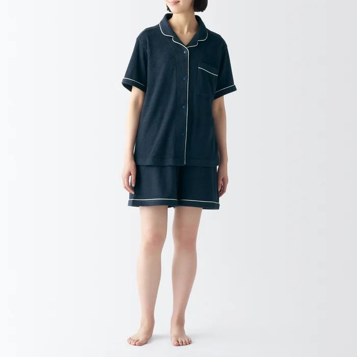 Women's Wearable Piled Towel Short Sleeve Pajamas | MUJI USA Pajamas, Organic Cotton, Navy