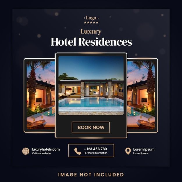 an advertisement for luxury hotel residencess with a pool and palm trees in the background