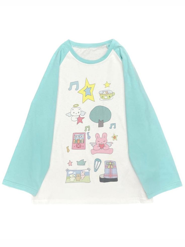 Step into a world of cuteness with our adorable comic-style print top! This charming piece features delightful prints of stars, bunnies, and other whimsical motifs, making it a perfect choice for those who love kawaii fashion. The playful designs add a touch of fun and personality to your outfit, ensuring you stand out in any crowd. Add this adorable piece to your wardrobe and embrace your love for all things cute and playful!  Please note that the price includes only the top.  SizeSMLength6870B Harajuku Style Tops With Funny Print For Spring, Trendy Long Sleeve T-shirt With Cartoon Print, Cute Cartoon Print Tops, White Harajuku Top With Funny Print, Harajuku Style Cotton Top With Graphic Print, Trendy Cotton Tops With Anime Print, Kawaii Crew Neck Top With Cute Design, Fun White Top With Cartoon Print, White Fun Tops With Cartoon Print