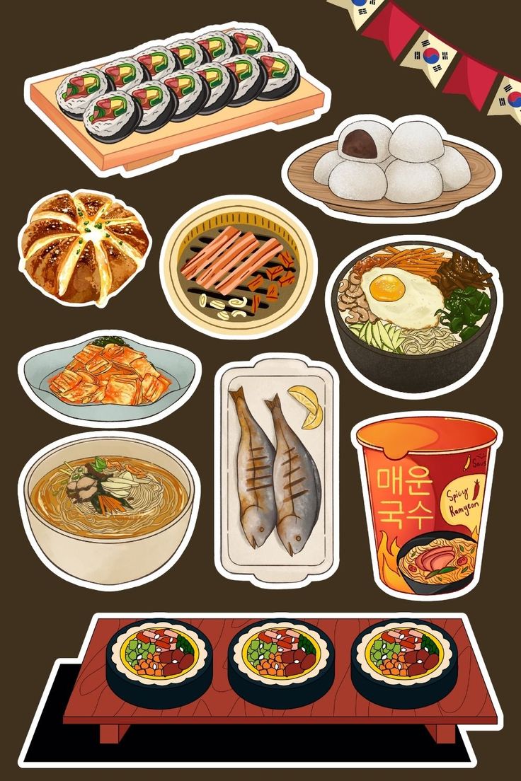 an assortment of food items displayed on a brown background