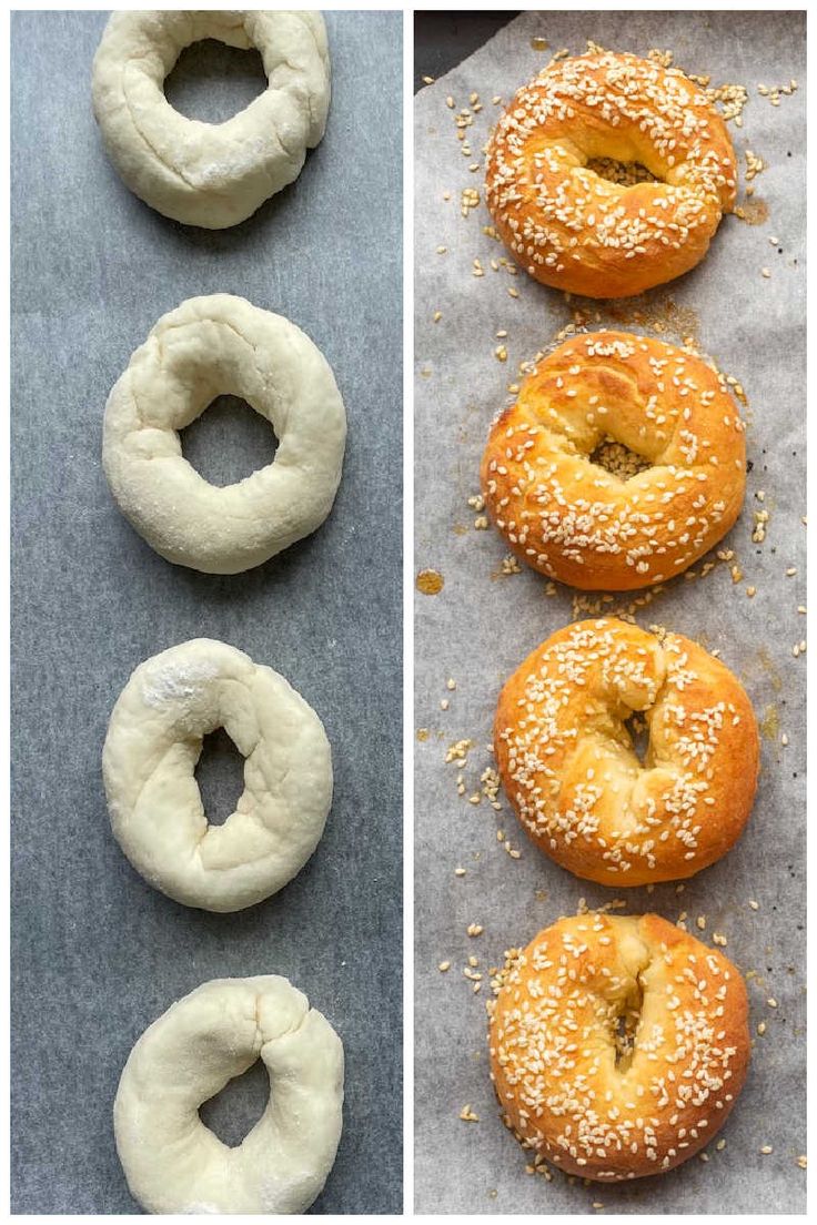 four different types of bagels are shown on the left and in the middle, with sesame seed sprinkled on top