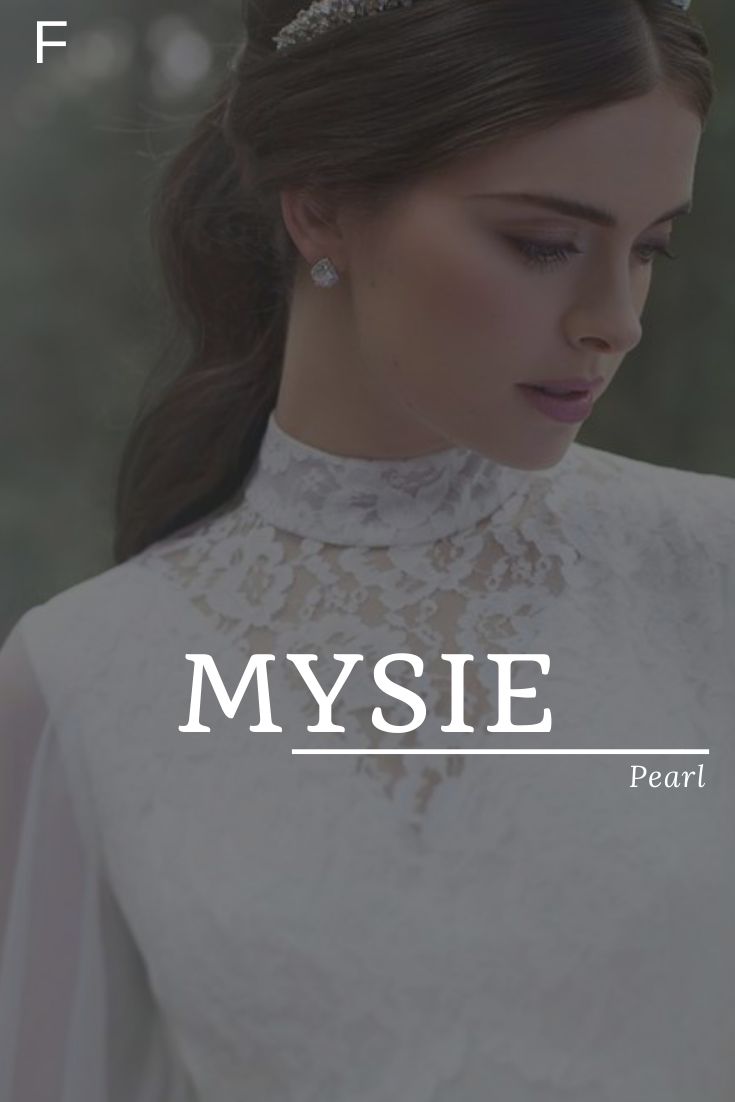 a woman wearing a white dress and tiara with the words mysie on it