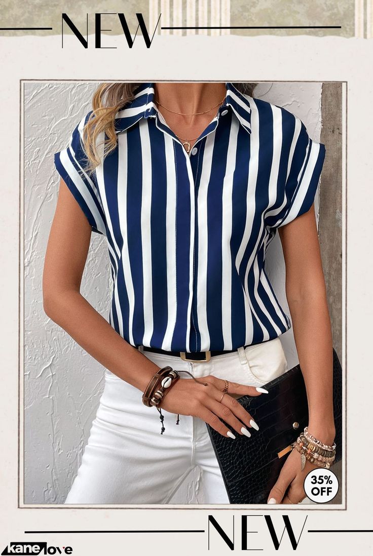 Navy Button Striped Short Sleeve Shirt Collar Blouse Casual Striped Blouse For The Office, Casual Striped Office Blouse, Trendy Summer Blouse With Placket, Summer Striped Blouse With Buttons, Summer Collared Blouse For Work, Collared Blouse For Summer Workwear, Summer Workwear Shirt With Collar, Summer Workwear Shirt, Summer Blouse With Collar And Button Closure