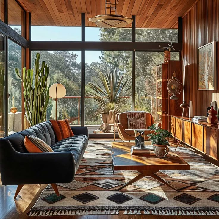 a living room filled with lots of furniture and plants on top of a wooden floor