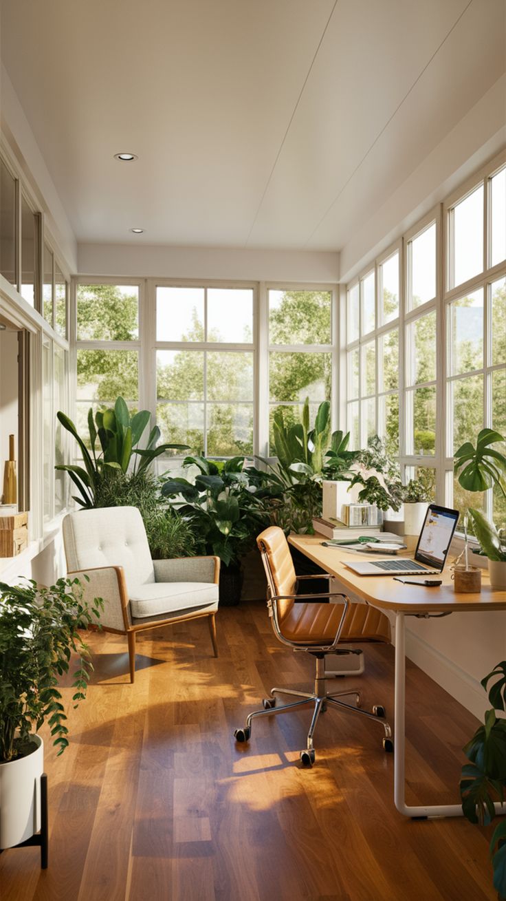 a home office with lots of plants in the window sill and on the desk is a laptop computer