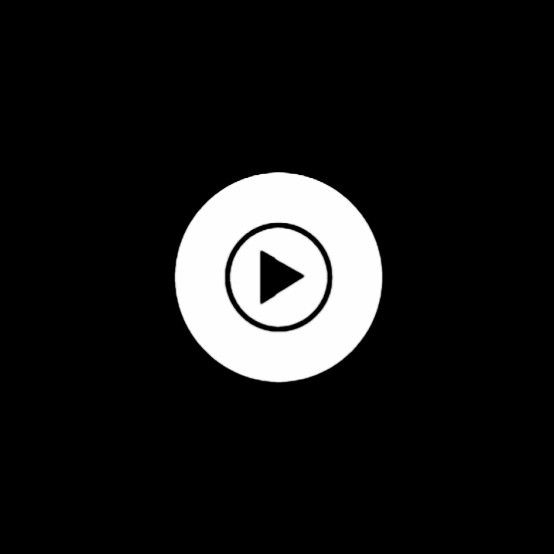 a black and white circle with a play button in the center on a dark background