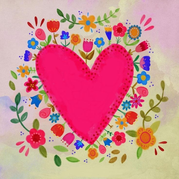 a painting of a pink heart surrounded by flowers