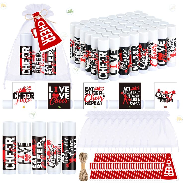 an assortment of products are displayed on a white background with red and black texting