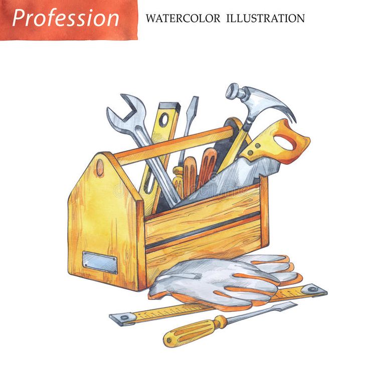 watercolor illustration of tools in a wooden box