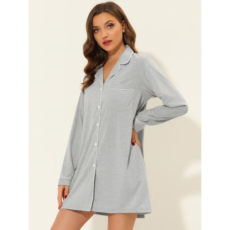 Great for loungewear, nightwear, sleepwear, home bedroom, daily wear. This loungewear pajamas shirt dress for women is constructed of super soft fabric, comfy, breathable, and skin friendly, make it convenient to take on/off, keep you pretty and comfortable all day. Featuring mini length shirt dress and notched lapel design, soft and comfortable make you feel cozy all night, enjoy a comfortable sleep and sweet dream. No matter the cozy bedtime, casual home relax, laze afternoon, comfy bath, the Casual V-neck Nightgown For Home, Casual Long Sleeve Sleepwear For Sleepover, Relaxed Fit Sleepwear With Buttons, Relaxed Fit Sleepwear With Buttons For Loungewear, Casual V-neck Sleepwear, Casual V-neck Sleepwear For Home, Casual Long Sleeve Sleepwear For Bedtime, Cotton Button-up Sleepwear For Lounging, Casual Long Sleeve Nightgown For Home