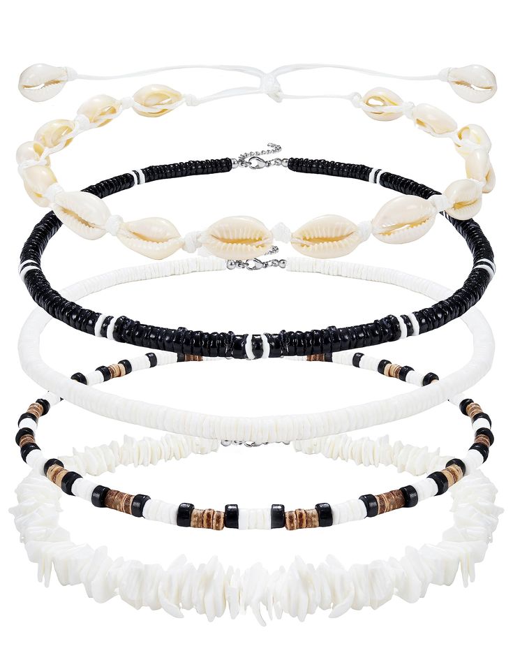 PRICES MAY VARY. 💃[BEACH NECKLACE SET]: One order includes 5pcs shell necklace: irregular white puka shell necklace; smooth white puka shell necklace; black puka shell necklace and colour mixture puka shell necklace, normal sea shell necklace, affordable and multiple choice for you. 💎[NECKLACE SIZE]: We have 35cm(14 inch), 40cm(16inch), 45cm(18inch) avaiable, with a 5cm(2inch) extension cord, the normal sea shell necklace can be adjusted from 35-60cm. if you are slim or like a tight chocker ap Seashell Necklace Outfit, Cute Beach Necklaces, Pucca Shell Necklace, Shell Necklace Men, Colour Mixture, Obx Stuff, Shells Necklace, Essential List, Sea Shell Necklace