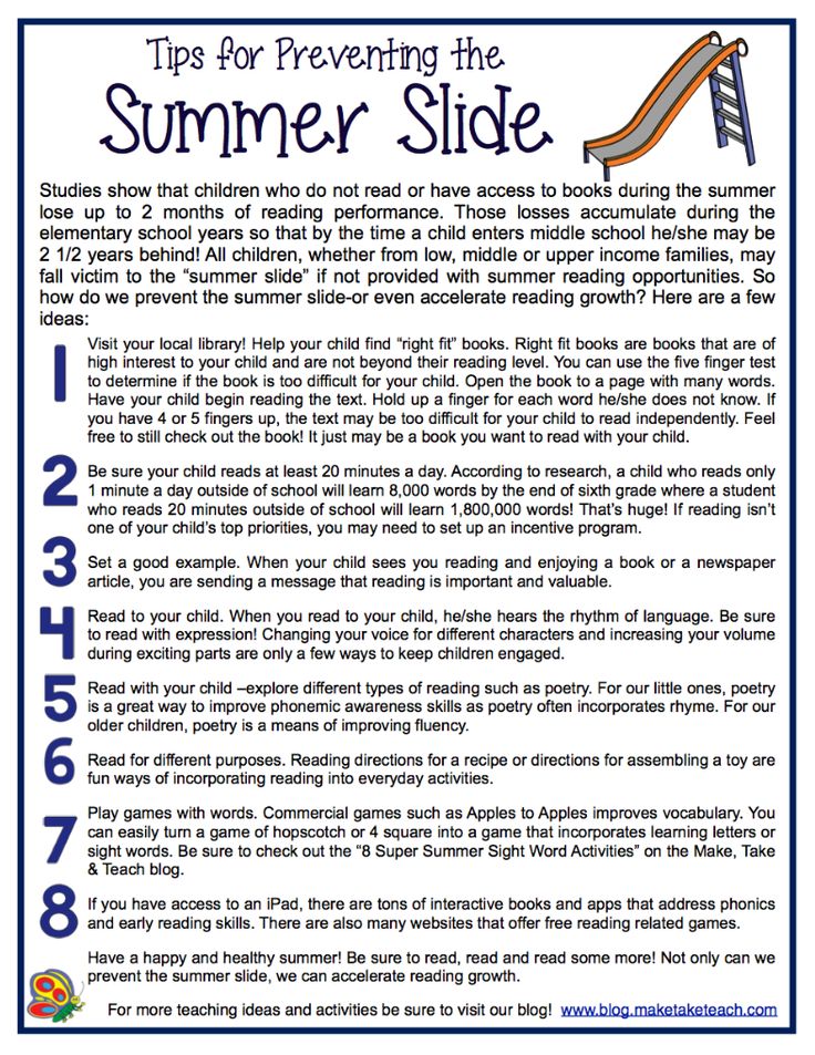 a poster with the words tips for preventing the summer slide in blue and white text