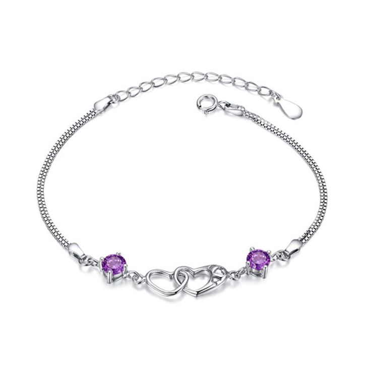 Double Love Heart Bracelet Purple Cubic Zirconia Jewelry For Valentine's Day, Purple Jewelry Bracelet With Adjustable Chain, Purple Double Heart Charm Jewelry, Purple Double Heart Jewelry With Heart Charm, Purple Heart-shaped Promise Jewelry, Silver Amethyst Jewelry With Heart Charm, Heart Pendant Amethyst Jewelry, Purple Double Heart Jewelry For Gifts, Purple Double Heart Jewelry Gift