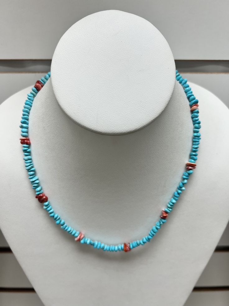 Vibrant, Southwestern, and versatile beaded natural Sleeping Beauty Turquoise necklace that is handcrafted by me! This necklace is lightweight and comfortable, making it ideal for everyday wear. It adds a pop of color and a Southwestern vibe to your outfit. You can pair this simple Turquoise necklace with anything.  The turquoise is genuine Turquoise mined from USA. Spiny Oyster Shell is mined from Mexico.  All findings are 925 sterling silver. Measurements: 18" long & 5mm beads The necklace is Southwestern Turquoise Gemstone Beads Necklace, Western Turquoise Beaded Necklace With Round Beads, Handmade Western Turquoise Necklace With Round Beads, Southwestern Turquoise Beaded Necklaces For Beach, Southwestern Single Strand Turquoise Necklace, Adjustable Single Strand Turquoise Bohemian Necklace, Western Turquoise Round Beads Necklace, Hand-strung Turquoise Western Necklace, Southwestern Turquoise Necklace With Round Beads