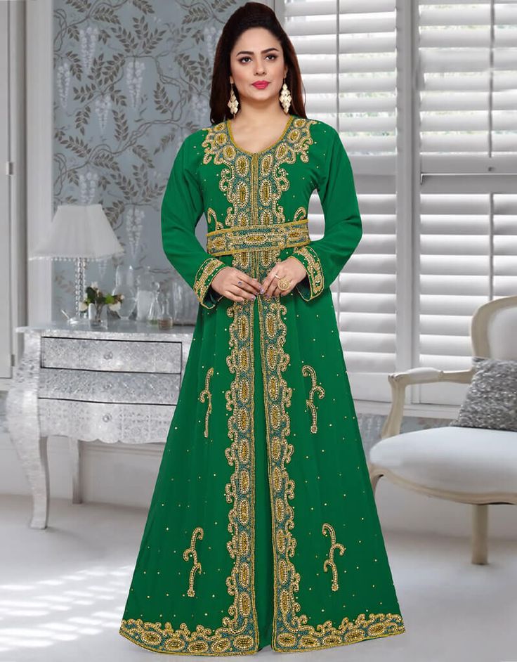 Your fall outfit inspo is here! Latest Green Georgette Multi Embroidery Moroccan Kaftan Hurry up: https://bit.ly/3gYknzc Use Code : ARABIC21 and get 15% off on $150 + Purchase #kaftandress #kaftan #kaftandresses #kaftans #kaftansforwomen #kaftansonline #kaftandressonline #arabickaftan #kaftanforwomen #womenskaftandress #kaftantops #kaftanonline Georgette Kaftan With Dabka Work For Reception, Elegant Green Georgette Kaftan, Eid Embroidered Floor-length Dress, Embroidered Embellished Floor-length Dress For Eid, Embroidered Floor-length Dress Embellished For Eid, Embellished Floor-length Embroidered Dress For Eid, Festive Dabka Work Kaftan For Reception, Floor-length Kaftan For Eid Reception, Traditional Embroidered Kaftan For Reception