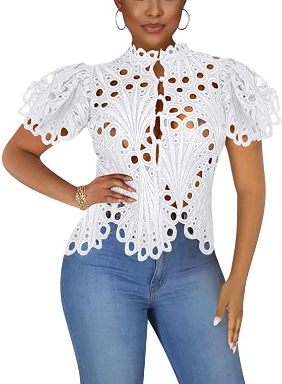 Doweha Women’s Sexy Lace Long Sleeve Ruffled Tops Cute Puff Flare Blouses V Neck Hollow Out Button Down Shirt Tunic Top Amarillo, Socialite Style, Stand Collar Shirt, African Shirts, Elegant Shirt, Women Shirts Blouse, Puff Sleeve Top, Lace Shirt, Fashion Pattern