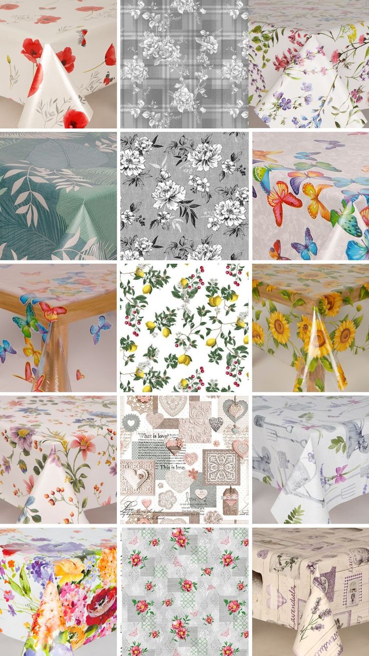 many different images of flowers and butterflies on the table cloths are shown in this collage