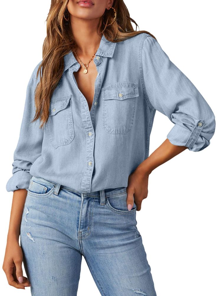 PRICES MAY VARY. This button up shirt is designed with high-quality denim fabric for durability and lightweight comfort.Discover the perfect blend of style and comfort with our Soft Denim Shirt for Women. Featuring a classic button-down design, this women's denim shirt is easy to wear and pairs well with almost anything in your closet. Its long sleeves can be rolled up for a more casual look or buttoned down for a formal setting. This denim blouse is a must-have addition to any fashionable wardr Denim Outfit Men, Denim Top Women, Womens Denim Shirt, Denim Blouse, Blouse Tops, Denim Button Down, Chambray Shirt, Shirt For Women, Women's Shirts