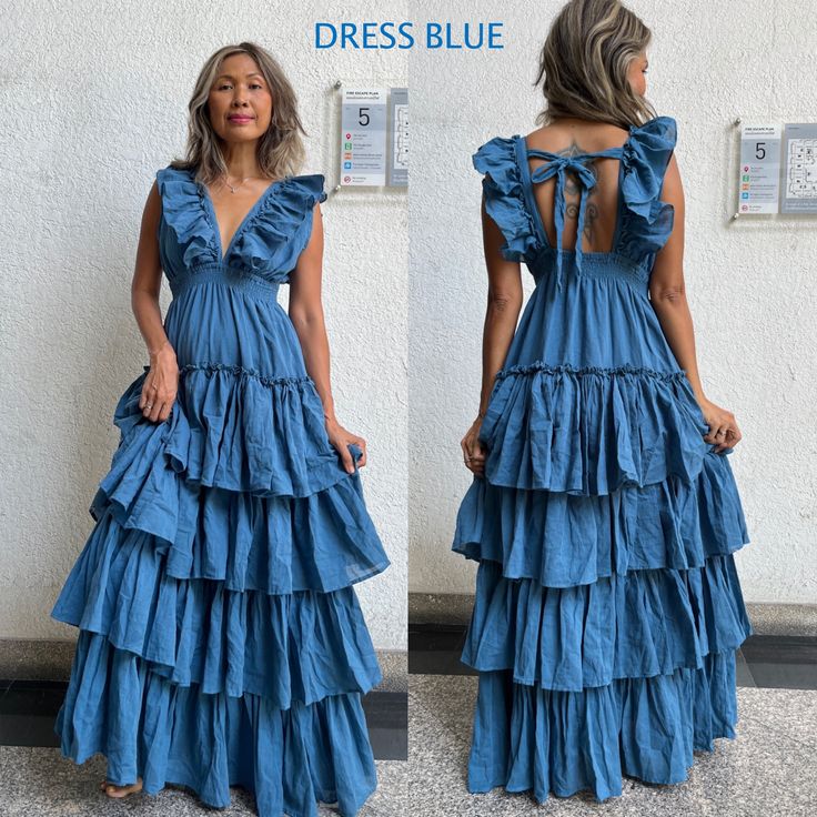 Boho Ruffle Dress, Ruffle Wedding Guest Dress, Patterned Formal Dress, Ruffled Sundress Maxi Dress For The Beach, Ruffled Sundress For The Beach, Ruffled Sundress For Beach, V-neck Ruffled Maxi Dress For Vacation, Blue Ruffled Floor-length Maxi Dress, Blue Floor-length Maxi Dress With Ruffles