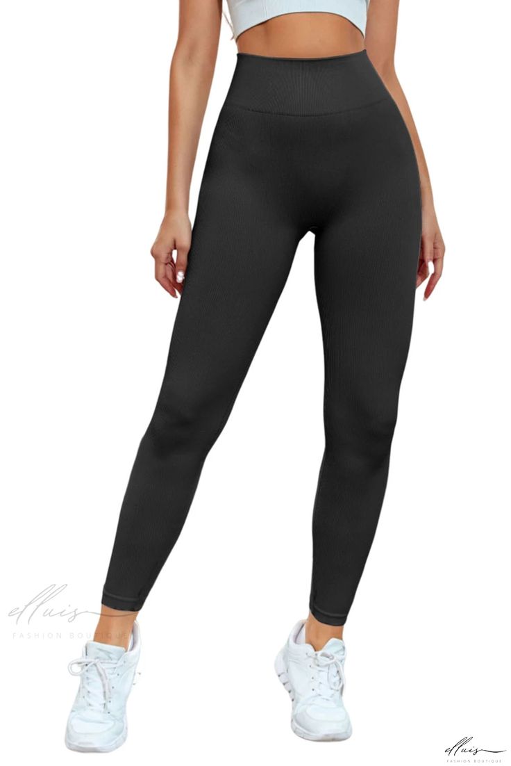 Elluis - Black Yoga Pants with Ribbed Panelling and Curvy Comfort Black Tight Bottoms With Elastic Waistband, High Stretch Black Yoga Pants, High Stretch Black Bottoms With Elastic Waistband, Full Length Black Leggings With Elastic Waistband, Black Full Length Leggings With Elastic Waistband, Black Full-length Leggings With Elastic Waistband, Tight Black Yoga Pants, Black Tight Yoga Pants, Black Compression Yoga Pants