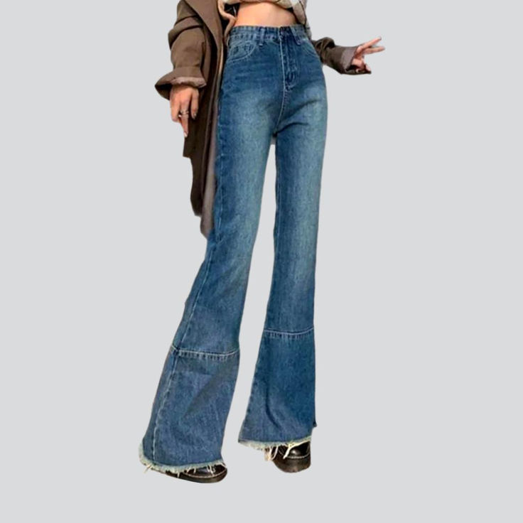 Make a bold statement this season with our 2023 Autumn Collection Aged High-Waist Jeans for ladies! Crafted with a timeless flair. these jeans are patterned to fit your fit to perfection. making sure you look your best.Why They're Your Next Wardrobe Essential: Fashionably Flared: Flared hems and a retro shape create a look that is both timeless and trendy. Sanded & Unrefined Hem: A unique blend of sanded and natural hems give these jeans a one-of-a-kind look. High-Waist Design: High-waisted jean Trendy Medium Wash Flares With Five Pockets, Chic High-waist Denim Blue Flares, Chic High Waist Denim Blue Flares, High Waist Denim Flares With Five Pockets, High-waist Denim Blue Flares With Five Pockets, Denim Blue Straight Leg Flares For Fall, Fall Denim Blue Straight Leg Flares, Non-stretch Denim Flares For Fall, Trendy High Rise Denim Blue Flares