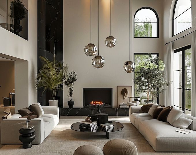 a large living room with high ceilings and modern furniture in front of an open fire place