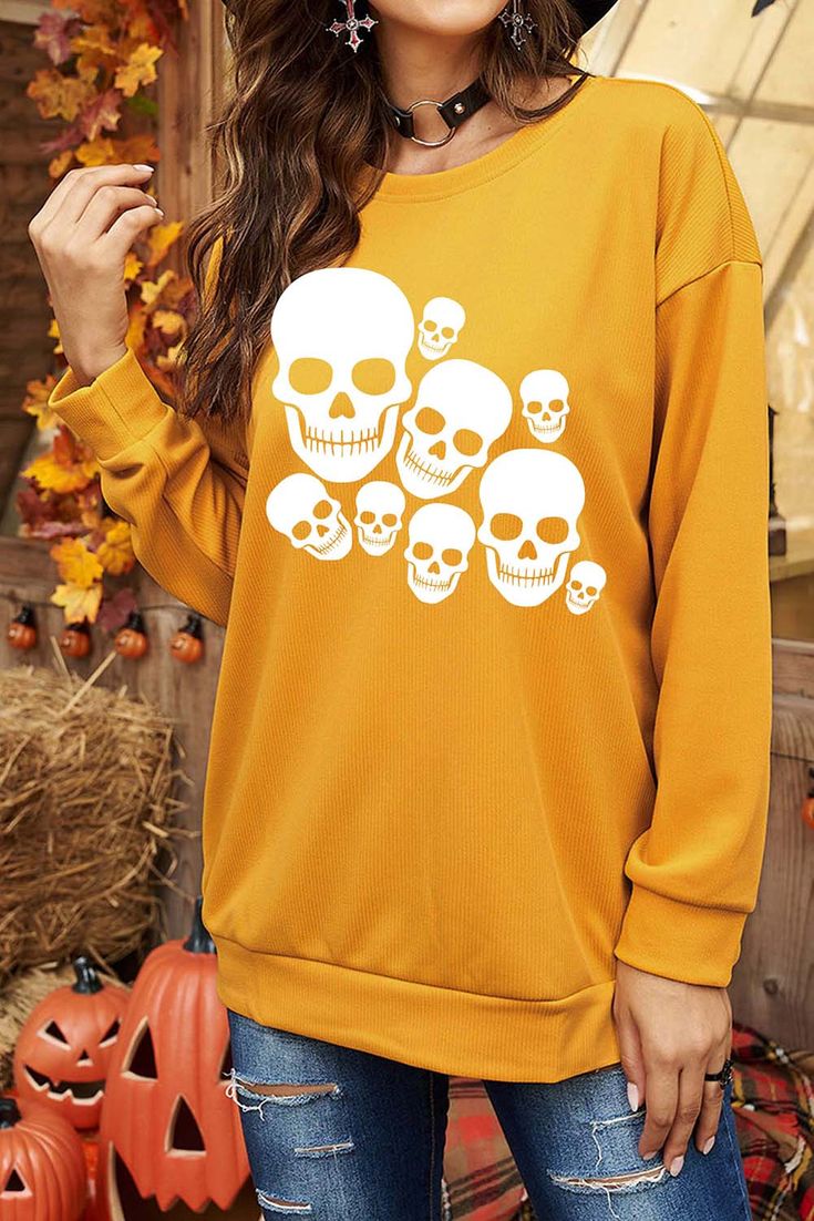 Ghosts Halloween Print Drop Shoulder Sweatshirt Winter Oversized Skull Print Tops, Oversized Long Sleeve Sweatshirt With Skull Print, Casual Long Sleeve Skull Print T-shirt, Oversized Long-sleeve Sweatshirt With Skull Print, Casual Long Sleeve T-shirt With Skull Print, Fall Streetwear Top With Skull Print, Oversized Skull Print T-shirt For Fall, Casual Yellow Top For Halloween, Long Sleeve Tops With Skull Print