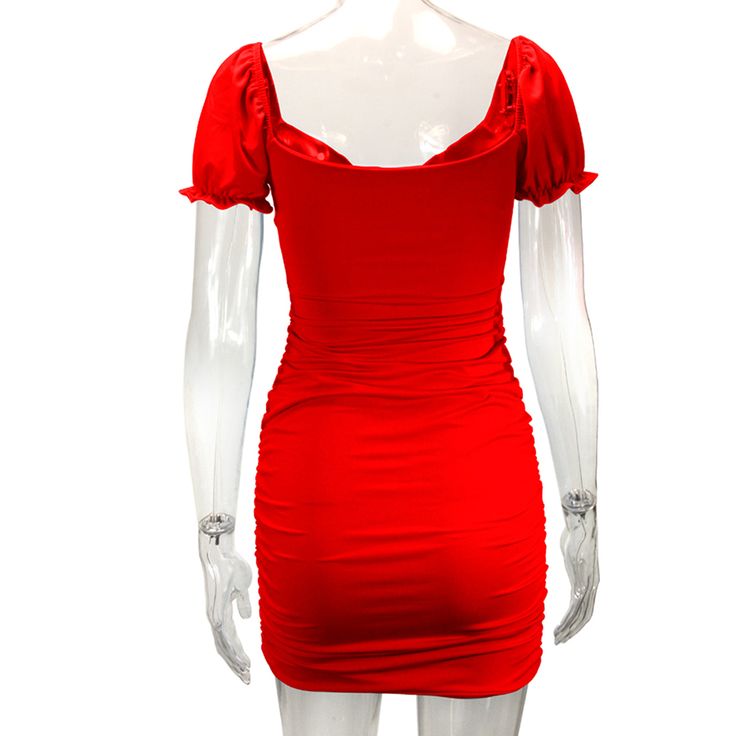 Red Cotton Blend Cut-out Smocked Bodycon Dress Square Neck Ruched Stretch Bodycon Dress, Solid Color Ruched Mini Dress With Puff Sleeves, Solid Mini Dress With Ruched Puff Sleeves, Red Stretch Ruched Bodycon Dress, Red Ruched Mini Length Bodycon Dress, Trendy Fitted Dress With Smocked Bodice, Non-stretch Red Mini Dress, Red Non-stretch Mini Dress, Casual Stretch Mini Dress With Ruched Bodice