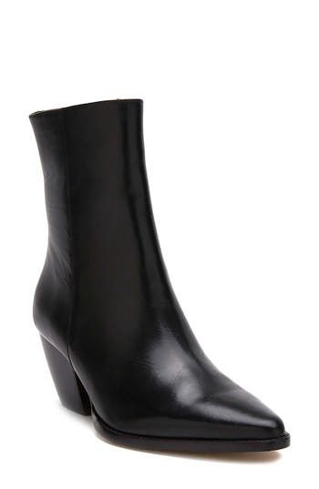 A slender silhouette updates a Western-inspired boot set on a chunky, stacked heel and shaped with an elongated pointy toe. 2 1/2" heel (size 8.5) 6 1/2" shaft Side zip closure Leather or genuine calf-hair (Brazil) upper/textile lining/leather sole Made in Brazil Women's Shoes Black Pointed Toe Boots, Brazil Women, Pointed Toe Boots, Black Books, Calf Hair, Stacked Heel, Boot Shoes Women, Bootie, Side Zip