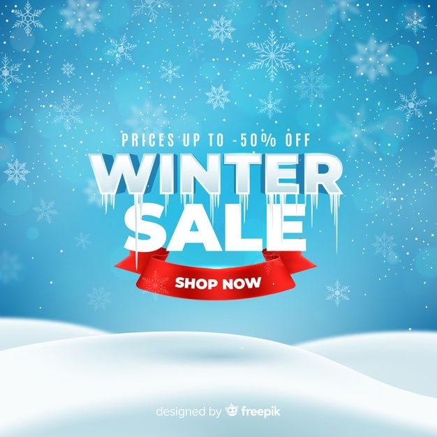 winter sale banner with red ribbon and snowflakes on blue background, 3d illustration