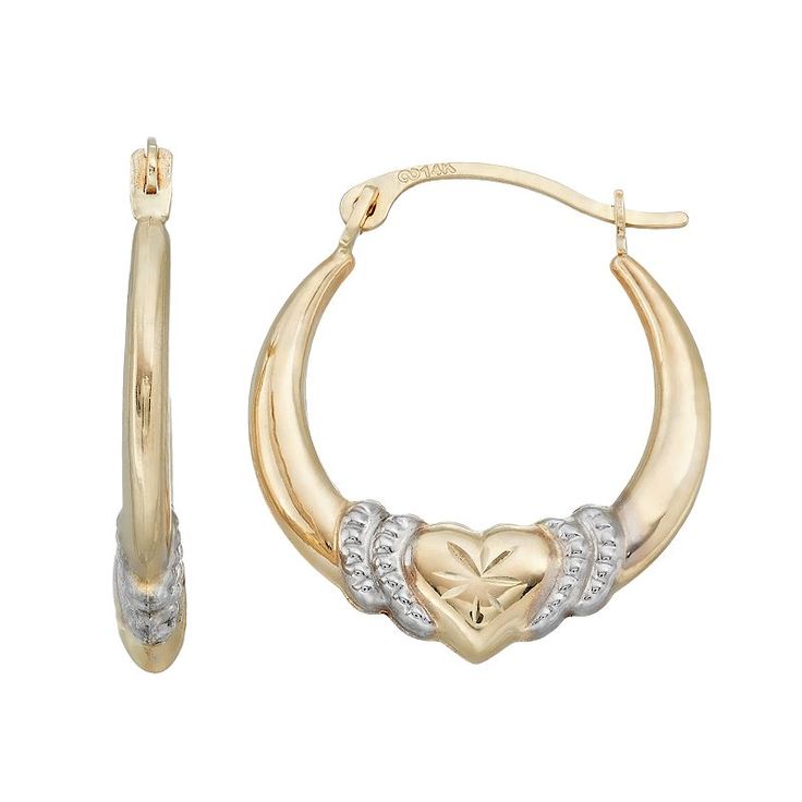 Featuring textured hearts, these 14k gold hoop earrings are a lovely accompaniment to your outfit. EARRING DETAILS Diameter: .67 in. Backings: click-it Metal: 14k gold Plating: white rhodium Size: One Size. Gender: female. Age Group: adult. Tarnish Resistant Heart Hoop Earrings For Anniversary, Small Hoop Earrings With Heart Charm For Anniversary, 14k Yellow Gold Hoop Heart Earrings, 14k Gold Diamond Cut Heart Earrings For Anniversary, Anniversary Small Hoop Earrings With Heart Charm, Heart-shaped Fine Jewelry Hoop Earrings For Anniversary, 14k Gold Hoop Earrings For Valentine's Day, Round Huggie Earrings For Valentine's Day Anniversary, Yellow Gold Hoop Earrings For Valentine's Day