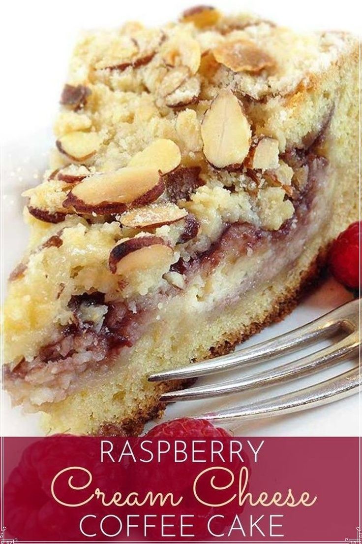 raspberry cream cheese coffee cake on a plate with a fork