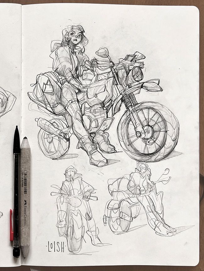 a drawing of two people riding on a motorcycle and another person sitting on a motorbike