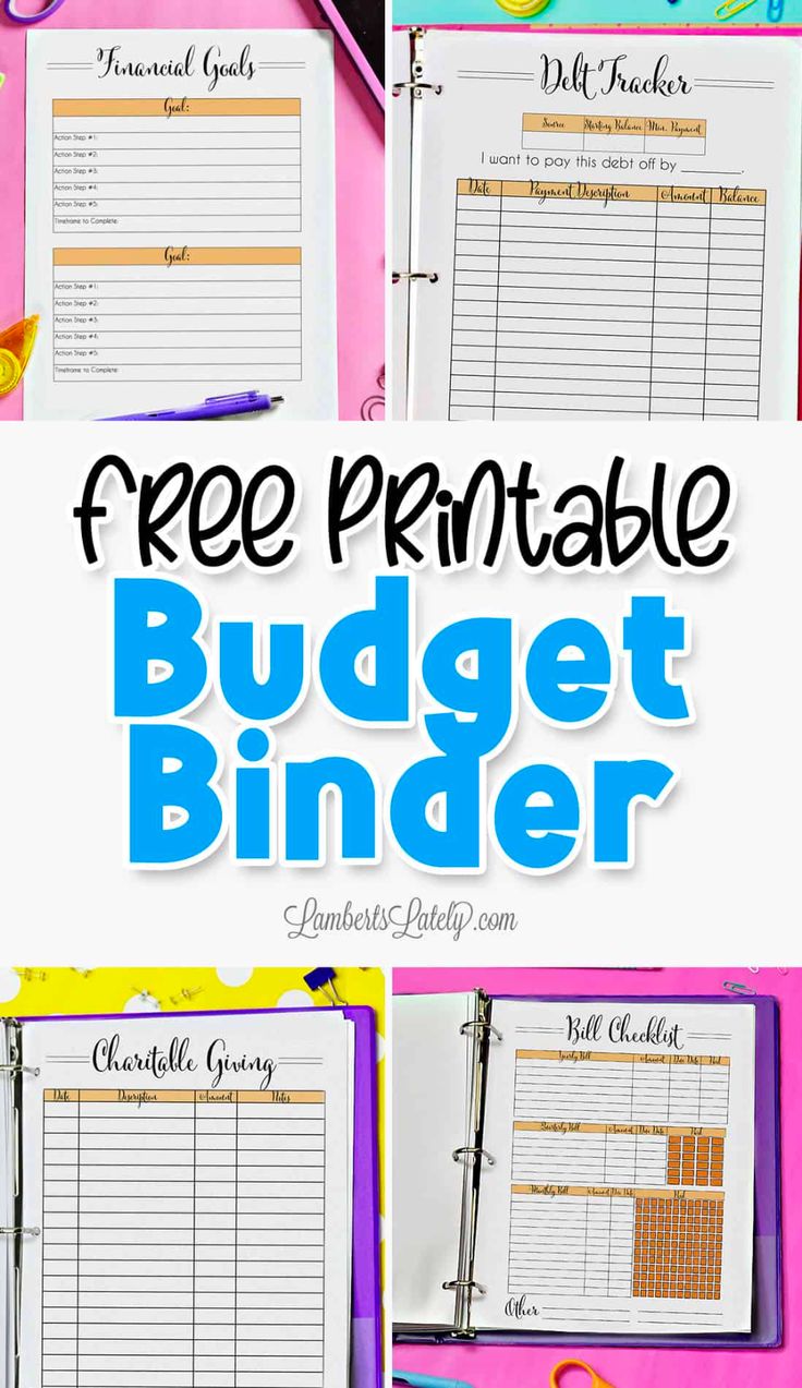 the free printable budget binder is shown in four different pictures and has scissors, pens