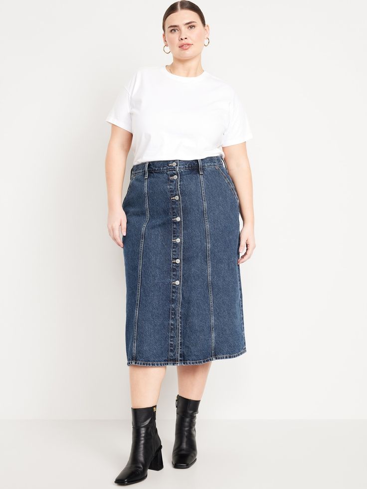 button waist belt loops front pockets back patch pockets full-button front front seams sits at belly button relaxed a-line fit hits at calf models are approx.  5'9" and wear sizes s (4), l (12) and xl (18)machine wash according to the care instruction label Mid-rise Denim Skirt With Pockets For Work, High-waist Denim Skirt With Belt Loops For Work, High Waist Denim Skirt With Belt Loops For Work, Casual Denim Skirt With Belt Loops For Work, Straight Leg Denim Skirt With Pockets For Work, Dark Wash Midi Skirt With Pockets, Denim Skirt With Pockets For Work, Relaxed Fit Mid-rise Skirt With Pockets, Relaxed Fit Midi Skirt With Pockets