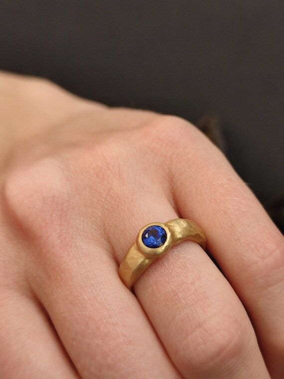 Gold Sapphire Rings Hand Forged, Handmade 14k Gold Sapphire Ring, Gold Hand Forged Sapphire Ring, Handmade Yellow Gold Sapphire Ring, Hand Forged Gold Sapphire Ring, Hand Forged Blue Sapphire Ring Gift, Unique Blue Round Sapphire Ring, Hand Forged Blue Sapphire Ring For Anniversary, Handmade Blue Topaz Rings In Blue