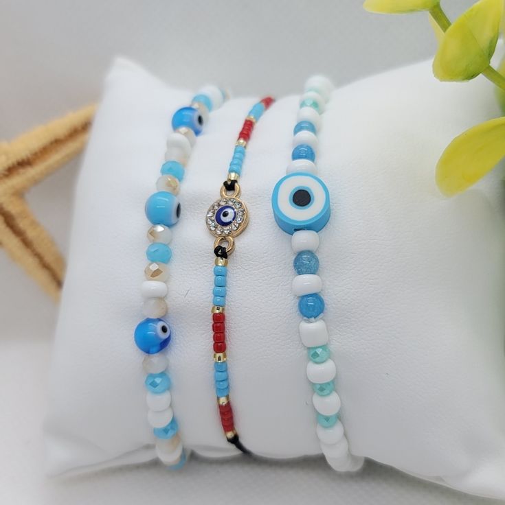 Handmade Evil Eye Beaded Bracelets Set Blue Adjustable Handmade By Ladysjewelrys Blue Bracelets With Colorful Beads For Festival, Festival Blue Bracelets With Colorful Beads, Bohemian Blue Stretch Bracelet With Colorful Beads, Blue Bohemian Stretch Bracelet With Colorful Beads, Blue Bohemian Bracelets With Spacer Beads, Bohemian Blue Bracelets With Spacer Beads, Bohemian Blue Bracelets With Colorful Beads, Blue Bohemian Bracelets With Colorful Beads, Blue Spacer Beads Bracelets For Festivals