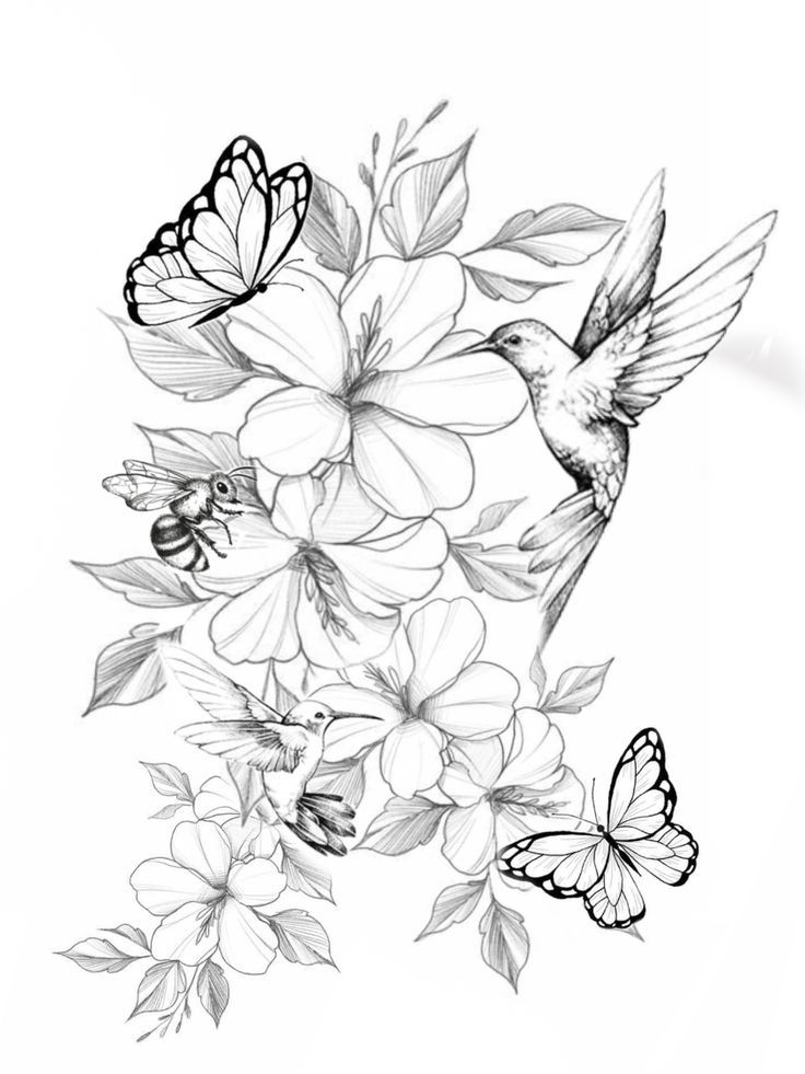 a black and white drawing of flowers with butterflies