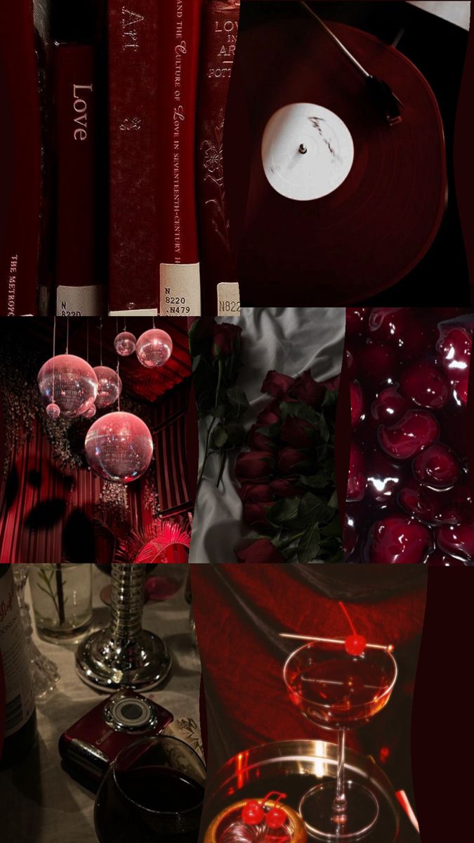 a collage of red and black images with wine glasses, candles, plates and books