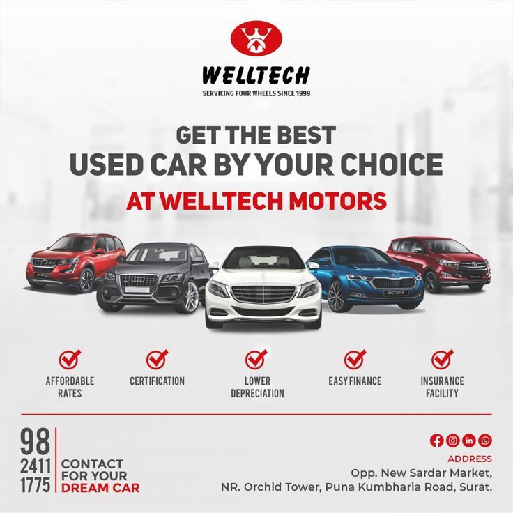 an ad for welltech's new car dealers, featuring four different models and the words get the best used car by your choice atwelltech motors